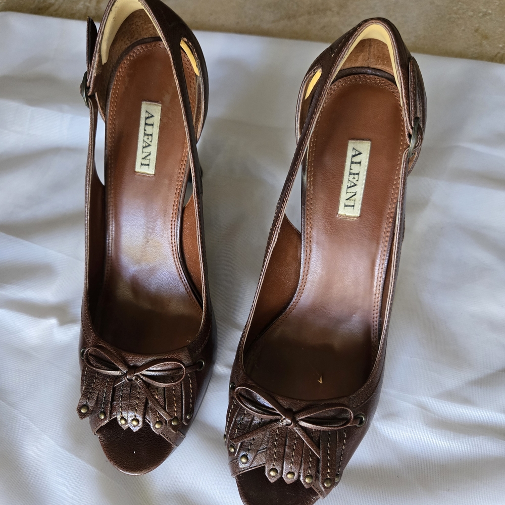 Alfani Brown Peep-Toe Heels with Bow Details